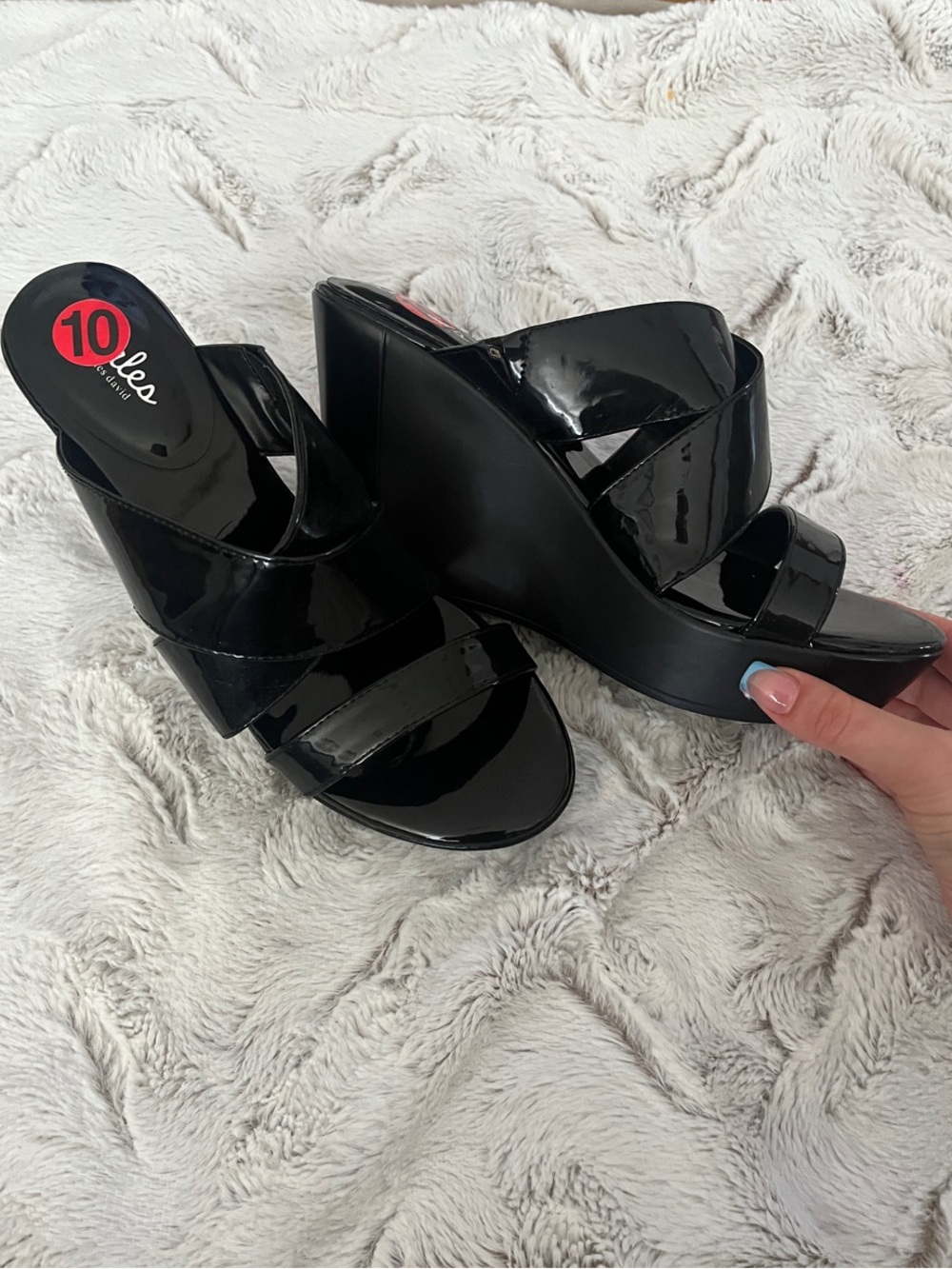 lola Black Patent Crisscross Wedge Sandals